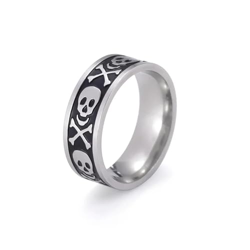 BlackAmazement 316L Edelstahl Ring Totenkopf Skull Pirat Crossbones Knochen Kreuz Gravur 8mm silber schwarz Biker Herren (63 (20,1)) von BlackAmazement