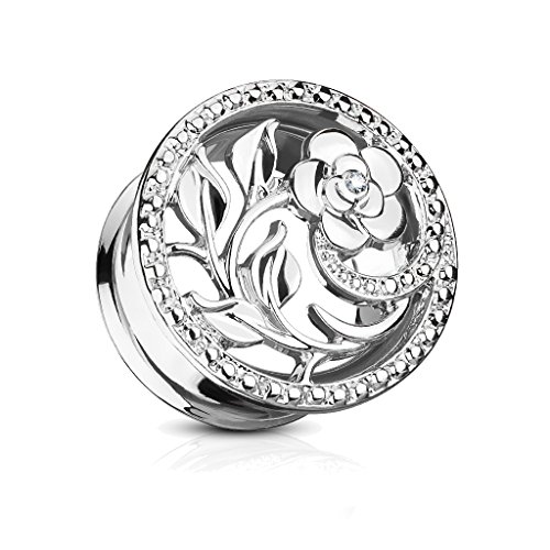 BlackAmazement 316L Edelstahl Tunnel Plug Blume Flower Rebe CZ Crystal Paved Zirkonia Silber Rose Gold Damen (Farbe Silber - Ø 10 mm - 1 Stück) von BlackAmazement