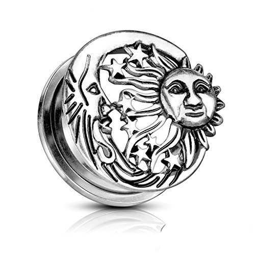 BlackAmazement 316L Edelstahl Tunnel Plug Sonne Mond und Sterne Silber Schraubverschluss Damen (10 mm - 1 Stück) von BlackAmazement