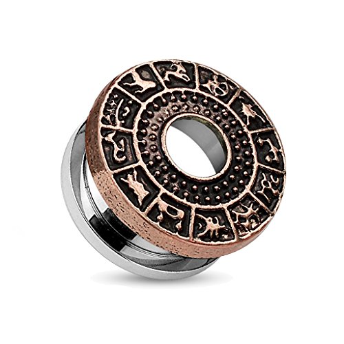 BlackAmazement 316L Edelstahl Tunnel Plug Sternzeichen Zodiac Signs Silber Gold Rosegold Schraubverschluss Herren Damen (Farbe Rosegold - Größe 10 mm) von BlackAmazement