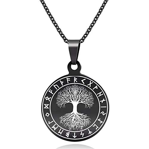 BlackAmazement Anhänger 316L Edelstahl Halskette Lebensbaum Tree of Life Weltenbaum Runen Yggdrasil Germanen Wikinger Silber schwarz Damen Herren (Schwarz) von BlackAmazement