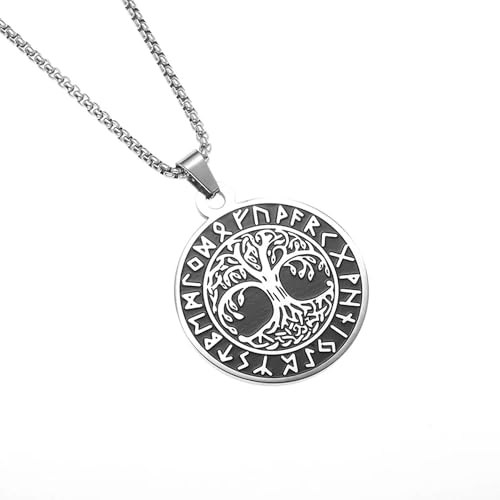 BlackAmazement Anhänger 316L Edelstahl Halskette Lebensbaum Tree of Life Weltenbaum Runen Yggdrasil Kelten Wikinger silber schwarz Damen Herren von BlackAmazement