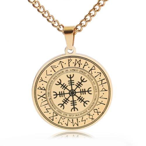 BlackAmazement Anhänger 316L Edelstahl Halskette Schreckenshelm Aegishjalmur Aegishjalmr Wikinger Symbol Helm der Ehrfurcht Runen Kreis silber schwarz gold Damen Herren (Gold) von BlackAmazement