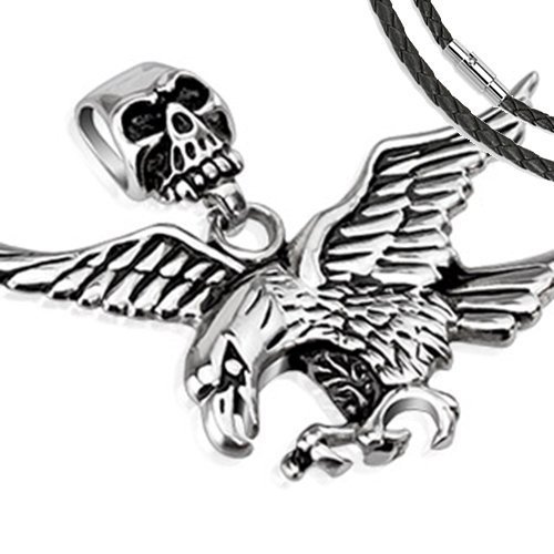 BlackAmazement Anhänger Adler Eagle Skull Totenkopf Edelstahl Biker Lederband Halskette (Anhänger mit Lederkette) von BlackAmazement