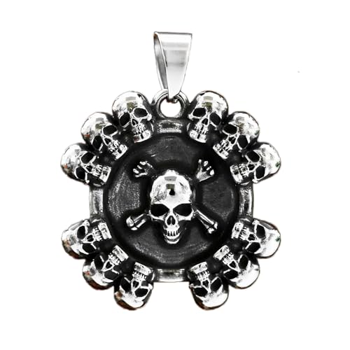 BlackAmazement Anhänger Halskette Kette Totenkopf Schild Stacked Skulls Silber Schwarz Biker Herren (Anhänger ohne Kette) von BlackAmazement