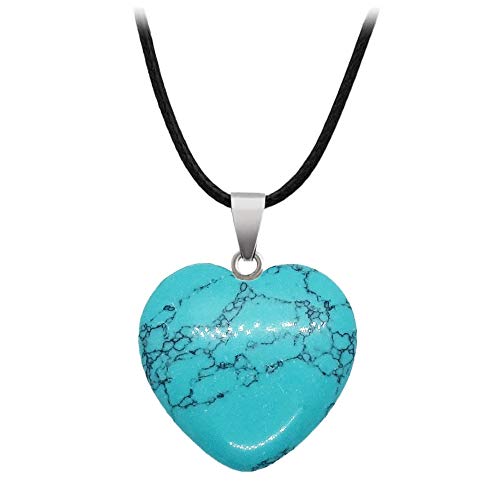 BlackAmazement Anhänger Halskette Naturstein Herz Heart Rosenquarz Blaufluss Aventurin Türkis Amethyst Jade Weiß Malachit Blauer Onyx Watermelon Tigerauge Goldfluss Damen (Türkis mit Kette) von BlackAmazement