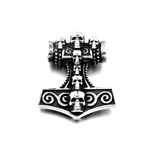 BlackAmazement Anhänger Halskette Thors Hammer Mjölnir Totenkopf Skulls Silber Schwarz Wikinger Nordic Biker Herren (Anhänger ohne Kette) von BlackAmazement