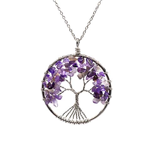 BlackAmazement Anhänger mit 2X Halskette Baum des Lebens Lebensbaum Tree of Life Naturstein Quarz Silber lila grün gelb klar rot blau Damen (Kreisform mit Amethyst) von BlackAmazement