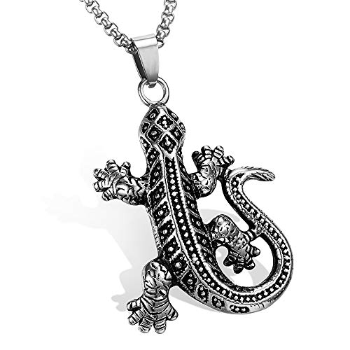 BlackAmazement Anhänger mit Kette 316L Edelstahl Massiv Gecko Eidechse Lizard Silber Damen Herren von BlackAmazement