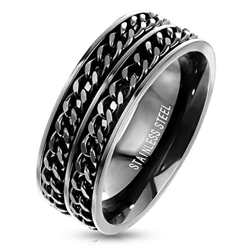 BlackAmazement Drehring Edelstahl Spinner Ring Doppel Kette drehbar schwarz Biker Damen Herren (65 (20.7)) von BlackAmazement