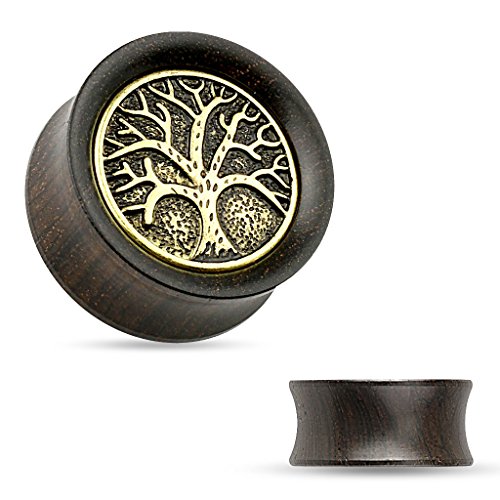 BlackAmazement Ebenholz Messing Flesh Tunnel Plug Piercing Lebensbaum Tree of Life Herren Damen (10 mm - 1 Stück) von BlackAmazement