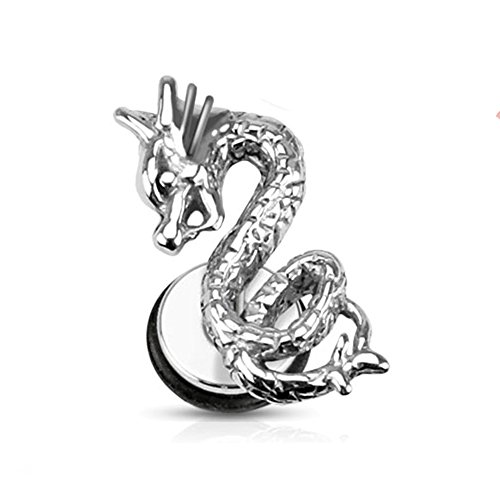 BlackAmazement Fake Plug Drache Dragon silber schwarz Edelstahl Piercing Ohrstecker (Silber) von BlackAmazement