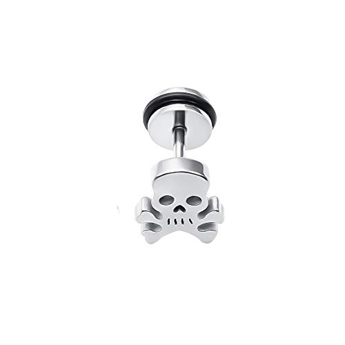 BlackAmazement Fake Plug Ohrstecker Barbell 316L Edelstahl Crossbones gekreuzte Knochen Schädel Totenkopf Pirat Silber Gold Schwarz Biker Damen Herren (Silber) von BlackAmazement