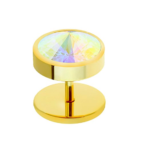 BlackAmazement Fake Plug Piercing Stecker Zirkonia CZ Gem Stein Gold schwar Silber Rainbow 6mm, 8mm oder 10mm Durchmesser Herren Damen (Farbe Gold mit Rainbow Stein 8mm Ø) von BlackAmazement