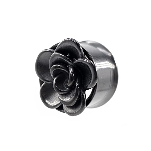 BlackAmazement Flesh Ohr Tunnel Plug Inlay Piercing 316L Edelstahl Rose Blume Flower 06mm - 16mm silber rose gold schwarz Damen Herren (Farbe Schwarz- Ø 12mm - 1 Stück) von BlackAmazement