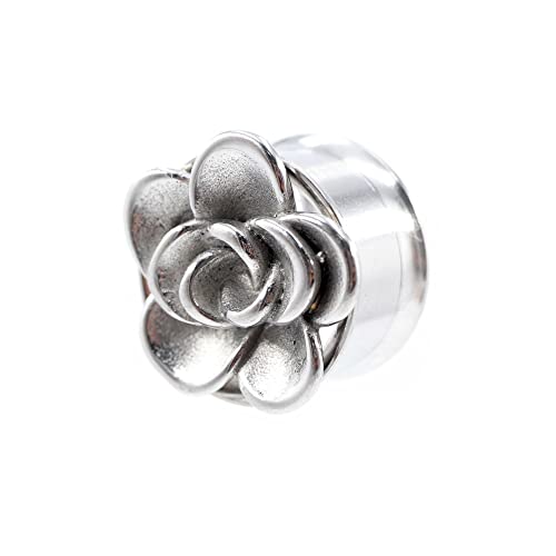 BlackAmazement Flesh Ohr Tunnel Plug Inlay Piercing 316L Edelstahl Rose Blume Flower 06mm - 16mm silber rose gold schwarz Damen Herren (Farbe Silber - Ø 06mm - 1 Stück) von BlackAmazement