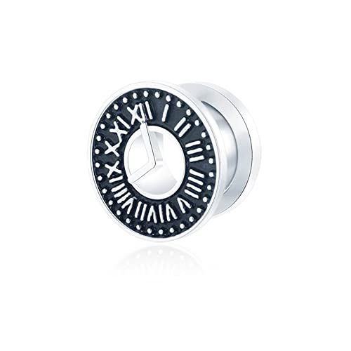 BlackAmazement Flesh Ohr Tunnel Plug Inlay Piercing 316L Edelstahl Uhr Ziffernblatt römische Zahlen Zeit Time silber schwarz Damen Herren (Ø 10mm - 1 Stück) von BlackAmazement