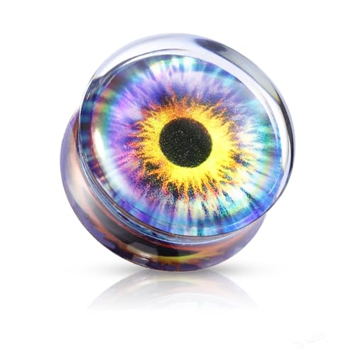 BlackAmazement Flesh Ohr Tunnel Plug Inlay Piercing Acryl Kunststoff Auge Eye Regenbogen bunt mehrfarbig silber Damen Herren (Ø 14mm - 1 Stück) von BlackAmazement