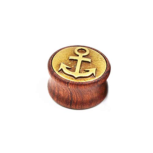 BlackAmazement Flesh Tunnel Plug Inlay Ohr Anker Anchor Seefahrer Maritim Holz brauntöne Damen Herren (Größe 14 mm - 1 Stück) von BlackAmazement