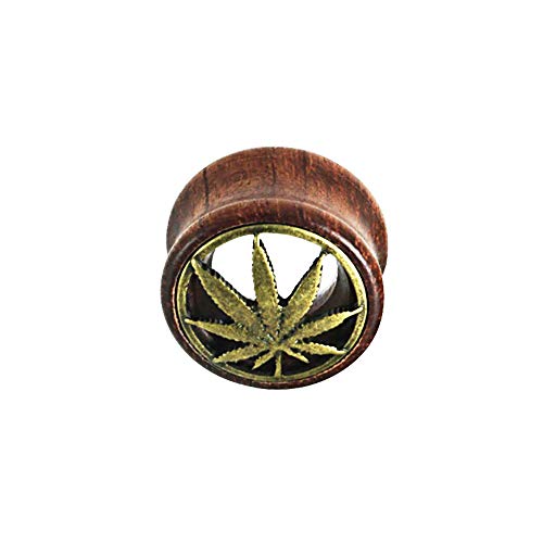 BlackAmazement Flesh Tunnel Plug Inlay Ohr Hanfblatt Pot Leaf Weed Holz brauntöne Damen Herren (Größe 08 mm - 1 Stück) von BlackAmazement