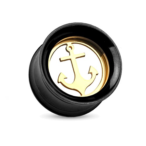 BlackAmazement Flesh Tunnel Plug Inlay Piercing 316L Edelstahl Anker Marine schwarz Gold Herren Damen (16 mm - 1 Stück) von BlackAmazement