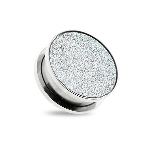 BlackAmazement Flesh Tunnel Plug Inlay Piercing 316L Edelstahl Kreis Sandblasted Circle Glitzer schwarz Silber braun Damen Herren (Farbe Silber - 08 mm - 1 Stück) von BlackAmazement