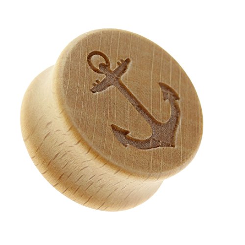 BlackAmazement Flesh Tunnel Plug Inlay Piercing Holz Wood Anker Anchor Marine Herren Damen (20 mm - 1 Stück) von BlackAmazement