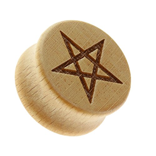 BlackAmazement Flesh Tunnel Plug Inlay Piercing Holz Wood Pentagramm Fünfstern Drudenfuß Herren Damen (12 mm - 1 Stück) von BlackAmazement