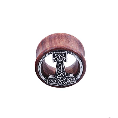 BlackAmazement Flesh Tunnel Plug Inlay Piercing Holz Wood Wikinger Mjölnir Malmer Thors Hammer Herren Damen (08 mm - 1 Stück) von BlackAmazement