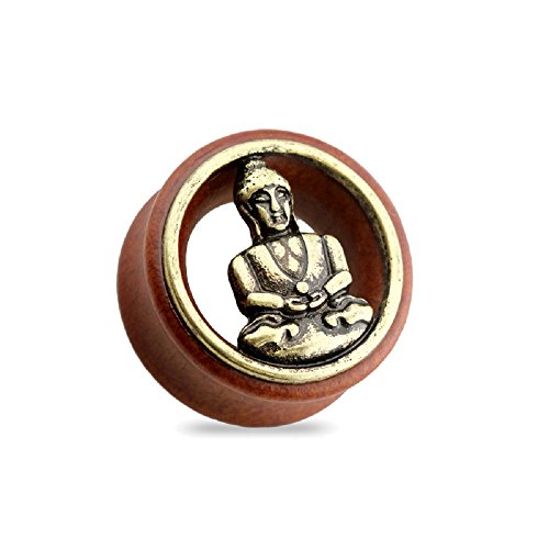 BlackAmazement Flesh Tunnel Plug Inlay Piercing Sono Holz Wood Buddha Buddhismus Herren Damen (12 mm - 1 Stück) von BlackAmazement