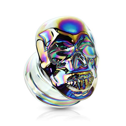 BlackAmazement Glas Borosilikatglas Tunnel Plug Piercing 3D Totenkopf Schädel Skull schwarz Mehrfarbig Biker Gothic Damen Herren (Farbe Mehrfarbig - 14mm - 1 Stück) von BlackAmazement