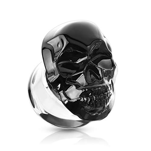 BlackAmazement Glas Borosilikatglas Tunnel Plug Piercing 3D Totenkopf Schädel Skull schwarz Mehrfarbig Biker Gothic Damen Herren (Farbe Schwarz - 10mm - 1 Stück) von BlackAmazement