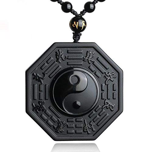 BlackAmazement Halskette Anhänger Obsidian Naturstein Kette Yin Yang Taijitu Symbol schwarz weiß Herren Damen von BlackAmazement