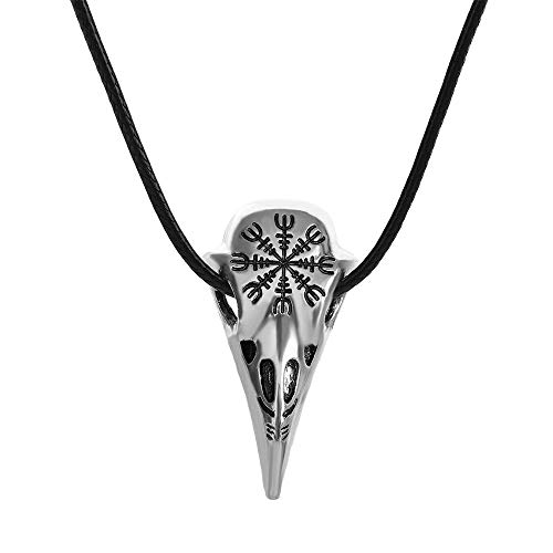 BlackAmazement Halskette mit Anhänger Raben Krähen Skull Schädel Totenkopf Vegvisir Wegweiser Symbol Lederkette Wikinger Viking Gothic Biker Damen Herren von BlackAmazement