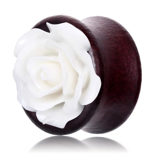 BlackAmazement Holz Flesh Ohr Tunnel Plug Piercing Rose Blume Flower Weiß dunkelbraun Damen (Ø 10mm - 1 Stück) von BlackAmazement