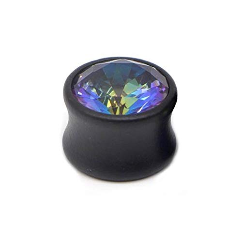 BlackAmazement Holz Ohr Plug Flesh Tunnel Inlay Piercing Holz Zirkonia Prong Schwarz Klar Regenbogen Damen Herren (08 mm - Regenbogen Stein- 1 Stück) von BlackAmazement