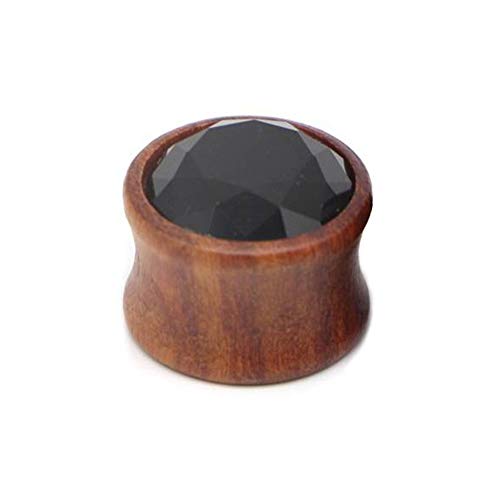 BlackAmazement Holz Ohr Plug Flesh Tunnel Inlay Piercing Holz Zirkonia Prong Schwarz Klar Regenbogen Damen Herren (08 mm - Schwarzer Stein- 1 Stück) von BlackAmazement