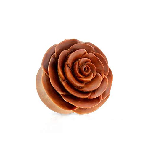 BlackAmazement Holz Plug Tunnel Inlay Piercing Handgeschnitzt Saba Wood Rose Rosenknospe Blüte Saddle Fit Damen (Ø 14mm - 1 Stück) von BlackAmazement