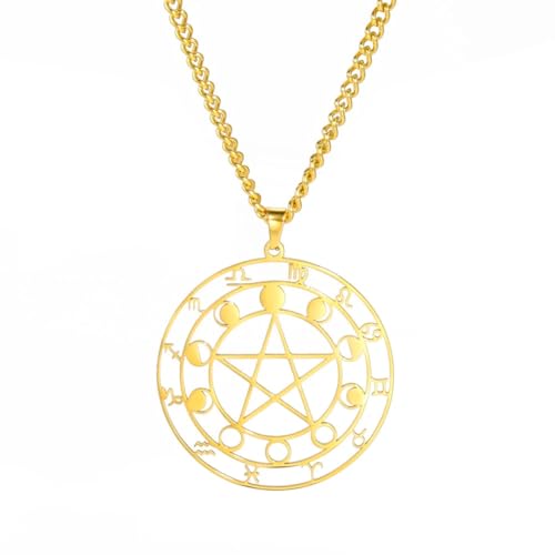 BlackAmazement Kette mit Anhänger Edelstahl Sternzeichen Mondphasen Pentagramm Wicca Symbol 50cm Halskette silber gold Damen Herren (Gold) von BlackAmazement