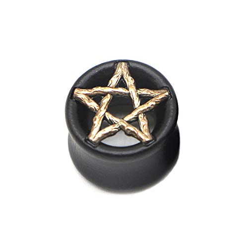 BlackAmazement Plug Flesh Tunnel Inlay Piercing Holz 3D Pentagramm Stern Fünfstern Drudenfuß Pentakel 08mm - 16mm Biker Gothic Herren (08 mm - 1 Stück) von BlackAmazement