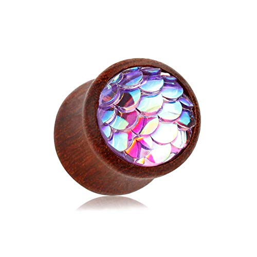 BlackAmazement Plug Flesh Tunnel Inlay Piercing Holz Bunte Fischschuppen 08mm - 16mm weiß blau lila Damen Herren (Farbe Lila - Ø 16mm - 1 Stück) von BlackAmazement