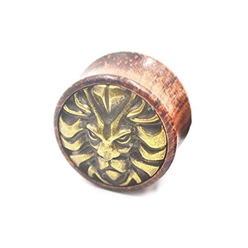 BlackAmazement Plug Flesh Tunnel Inlay Piercing Holz Löwe Lion Sternzeichen 08mm - 20mm braun Biker Damen Herren (10 mm - 1 Stück) von BlackAmazement