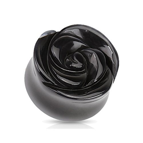 BlackAmazement Quarz Flesh Tunnel Plug Piercing Rose Blume schwarz Weiss weiß rosa Stein Herren Damen (Farbe Schwarz - Ø 12 mm) von BlackAmazement