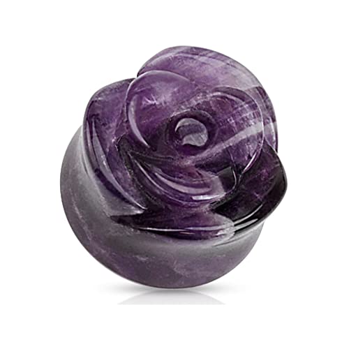 BlackAmazement Quarz Stein Flesh Tunnel Ohr Plug Piercing Rose Blume schwarz türkis opal amethyst weiß rosa Damen (Farbe Amethyst - Ø 14mm) von BlackAmazement