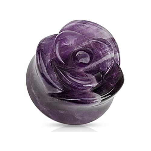 BlackAmazement Quarz Stein Flesh Tunnel Ohr Plug Piercing Rose Blume schwarz türkis opal amethyst weiß rosa Damen (Farbe Amethyst - Ø 10mm) von BlackAmazement