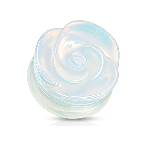 BlackAmazement Quarz Stein Flesh Tunnel Ohr Plug Piercing Rose Blume schwarz türkis opal amethyst weiß rosa Damen (Farbe Opalite - Ø 14mm) von BlackAmazement