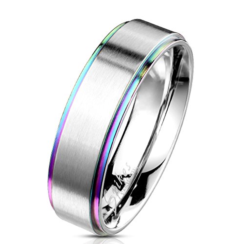 BlackAmazement Ring Edelstahl Rainbow Regenbogen Stepped Edges Kante Pride mehrfarbig silber Damen Herren (68 (21.6)) von BlackAmazement