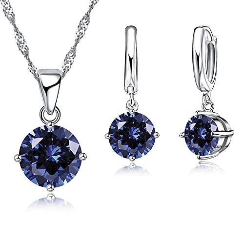 BlackAmazement Set Hoop Creolen Ohrstecker mit Halskette Anhänger Prong Zirkonia CZ Piercing Silber Bernstein rosa klar blau schwarz Damen (Blau) von BlackAmazement