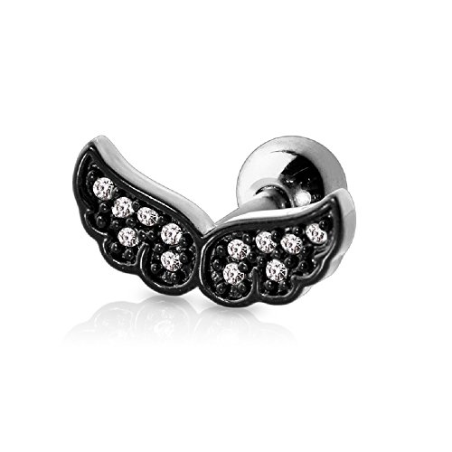 BlackAmazement Tragus Piercing Helix Ohr Flügel Angel Wing Engelsflügel Glitzer Zirkonia CZ schwarz Gold Silber Damen (Schwarz) von BlackAmazement