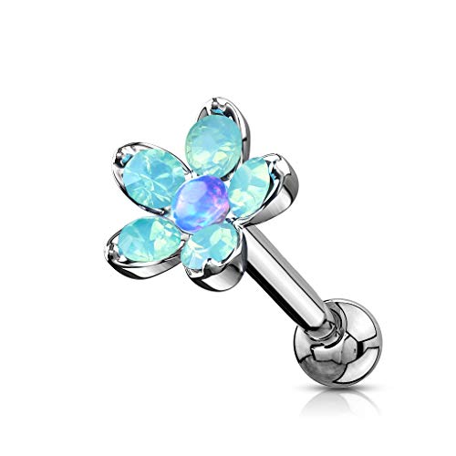 BlackAmazement Tragus Piercing Helix Stud Ohr Blume Flower Glitzer Opal Gold Silber klar blau weiß Aqua türkis pink Damen (Blue) von BlackAmazement